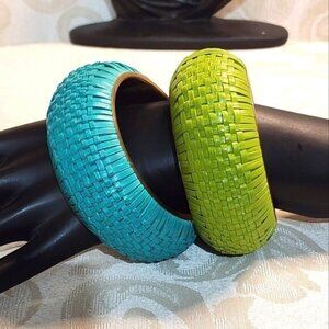 Vintage 80s Woven Metal Bangle Bracelets  2pc Set Turquoise & Lime Green Bold